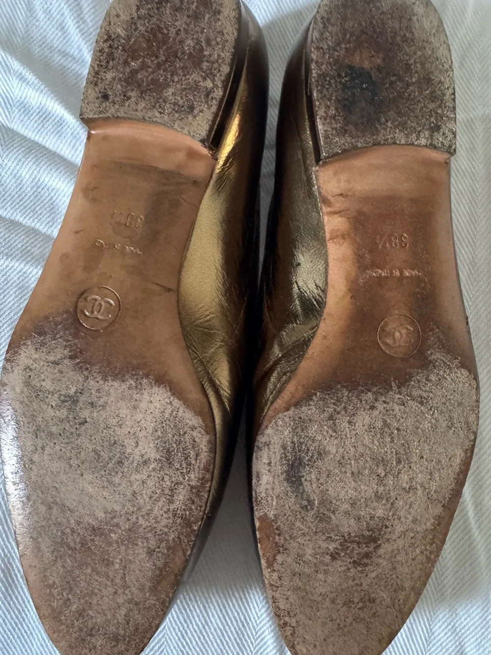 CHANEL Metallic Bronze Leather Ballet Flats